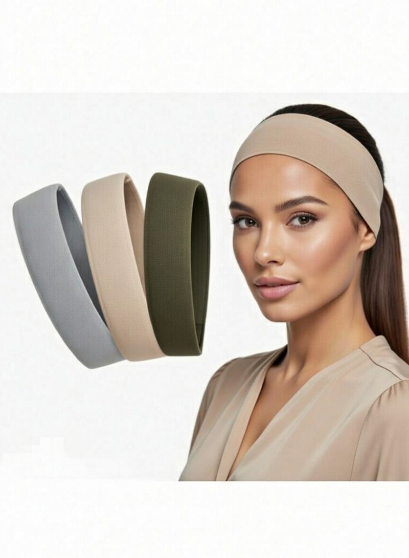 3PCS Cotton Headbands 5CM – Dark Olive, Grey & Beige– Stretch Non-Slip Hair Bands for Sports & Daily Wear - Image 1